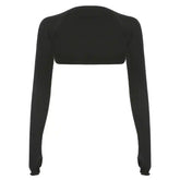 Solid Color Long Sleeve Open Front Hollow Out Crop Top